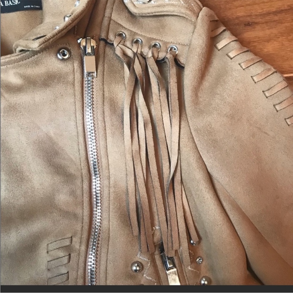 Zara Faux Suede Fringe Biker Jacket Stud Detail small EUC - Picture 10 of 16